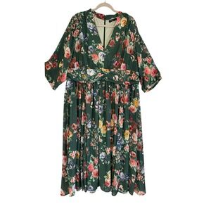eShakti Green Floral Chiffon V-Neck Maxi Dress Plus Size 3X 24W‎ Boho Wedding